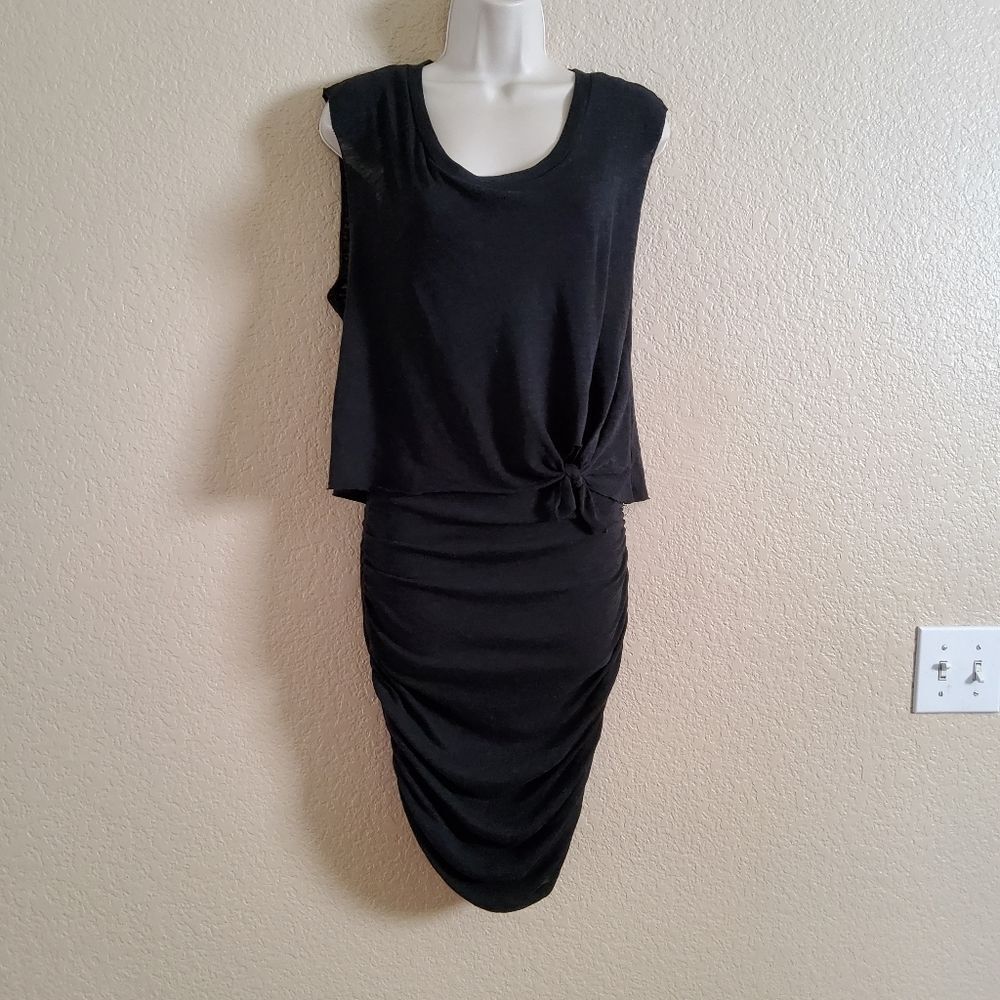 NWT Lanston Sport Ruched Bodycon Overlay Mini Jersey Knit Dress XS Black